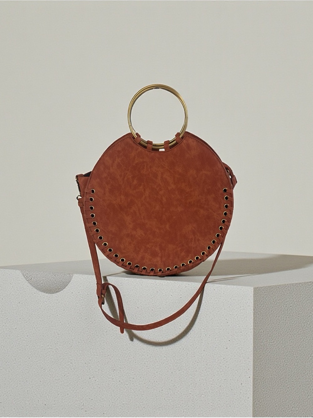 Round Brown Crossbody Bag with Gold Ring Handle